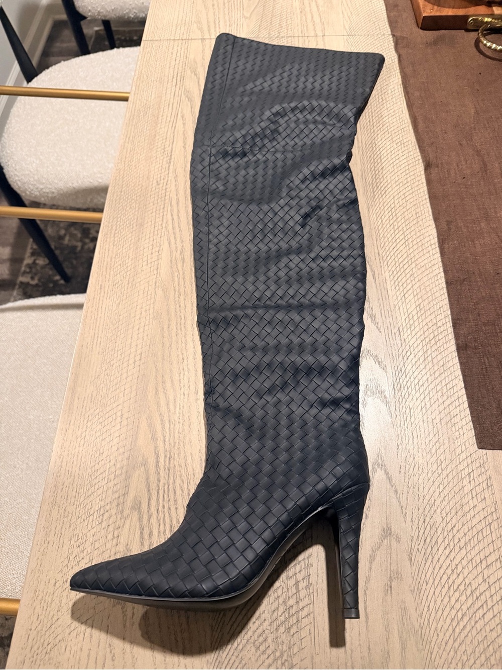 Woven Over-the-Knee Pointed Toe Slouch Stiletto Boot - Black